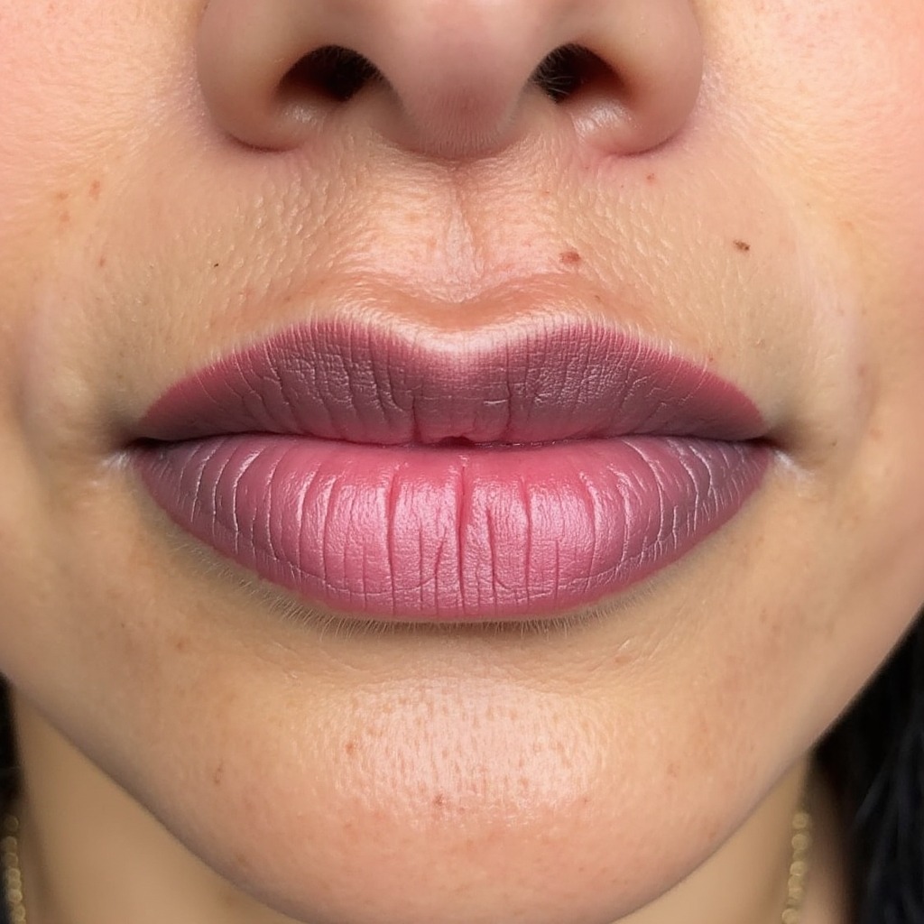 Lip blush — muted berry, tan skin — healed permanent makeup result preview