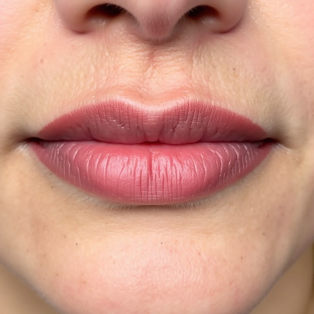 Lip blush — warm rose, medium skin — healed permanent makeup result preview