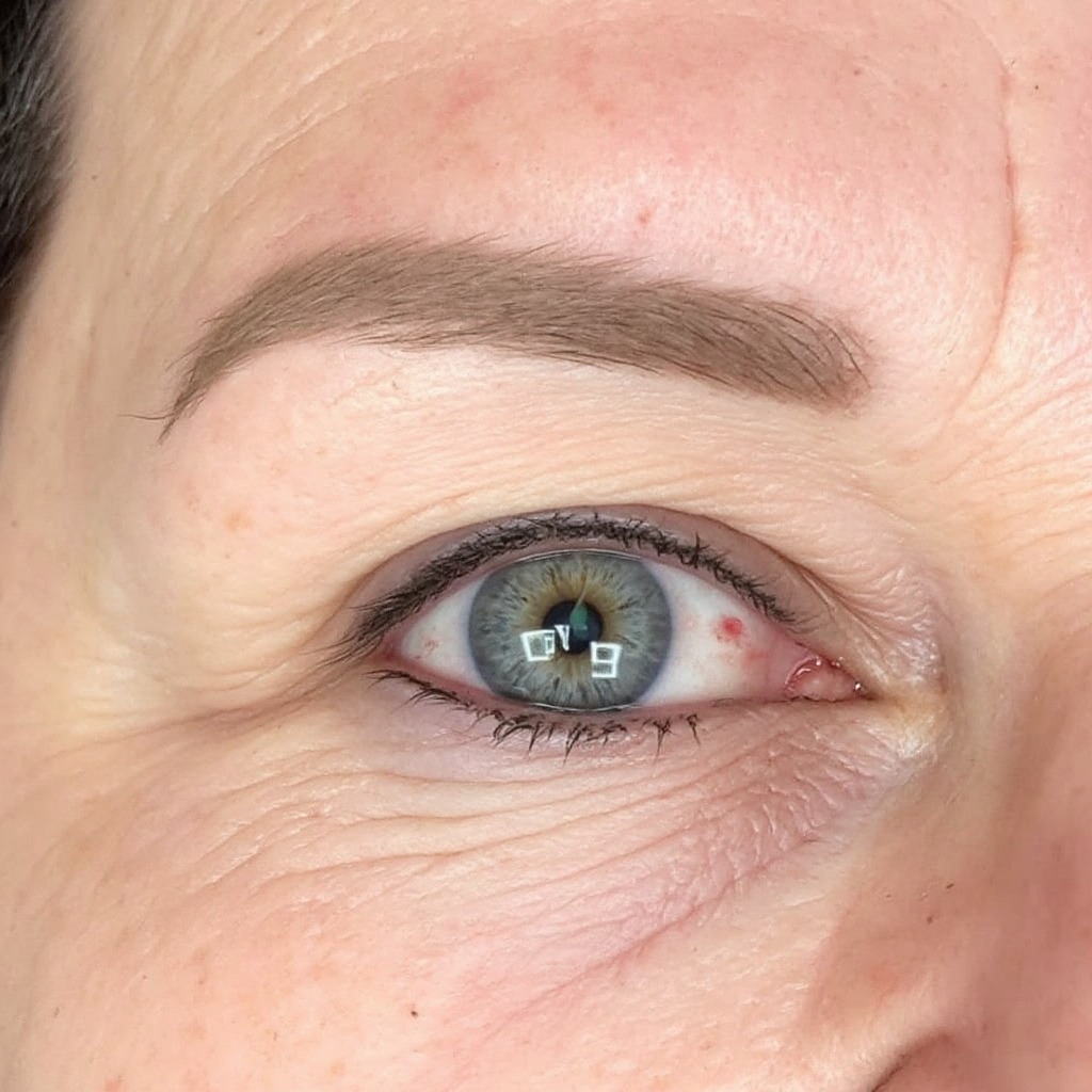 Microblading — arched, mature skin — healed permanent makeup result preview