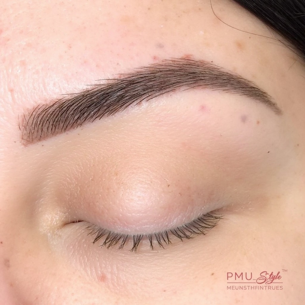 Microblading — natural strokes, fair skin — healed permanent makeup result preview